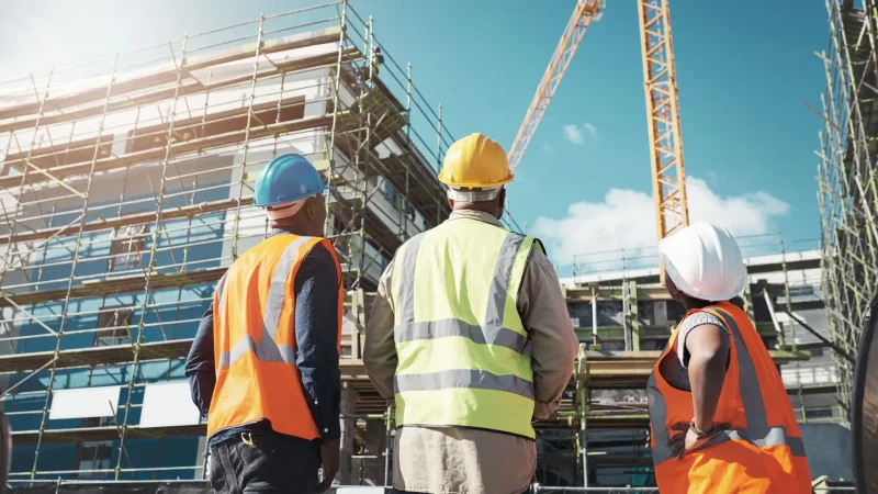Shot of a group of builders assessing progress at a construction site.
