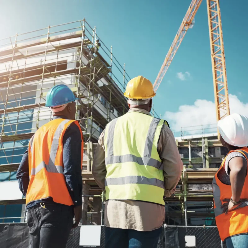 Shot of a group of builders assessing progress at a construction site.