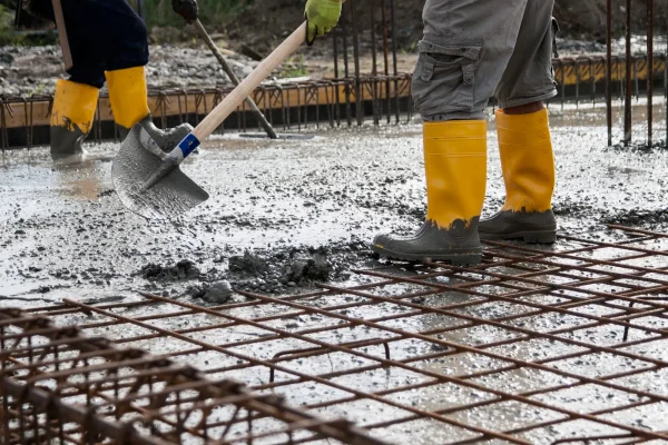 two bricklayers at work on a construction site during the laying of concrete to build the foundations of a house