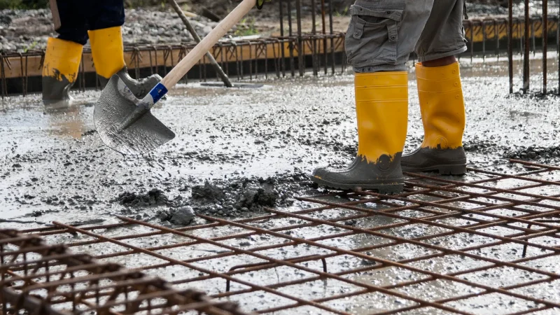 two bricklayers at work on a construction site during the laying of concrete to build the foundations of a house
