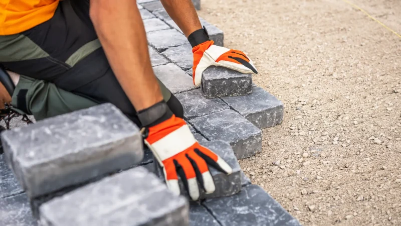 A construction worker is carefully laying gray stone blocks on a prepared surface. The worker, wearing an orange shirt and gloves, focuses on aligning the blocks for a new outdoor pathway during daylight hours.